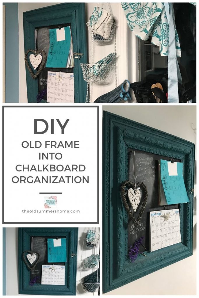A simple DIY Command Center Idea for your kitchen repurposed from an old frame with beautiful farmhouse style! Get youur family organized with this easy DIY Chalkboard Organizer!