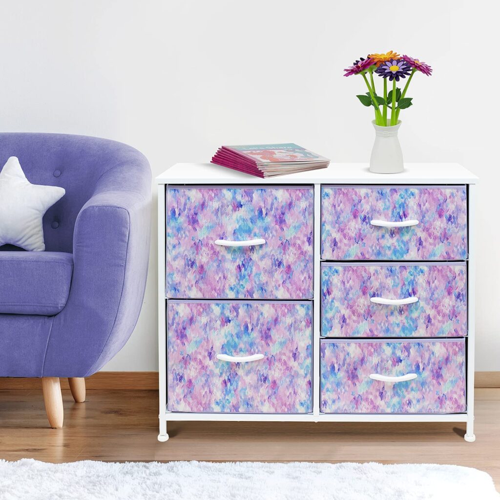 White dresser with 5 drawers tie dye purple