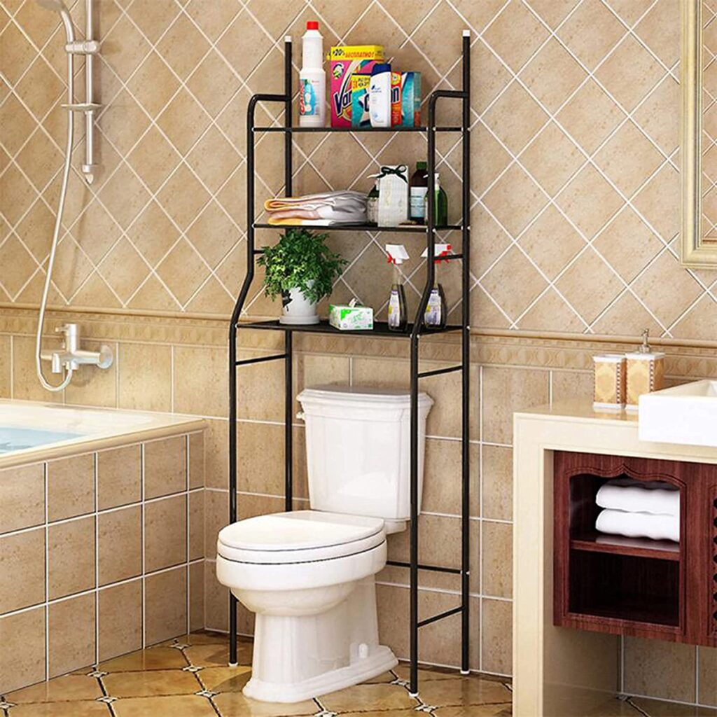 15 Bathroom Over the Toilet Storage Ideas for Extra Space 98 814KL0O9 BS. AC SL1500 The Old Summers Home When it comes to the bathroom, it seems there is never enough storage. With makeup, toiletries, towels, cleaning supplies, medicine, and more, the bathroom can quickly become cluttered, especially when several members of your household share the same space. Take note of any unused space and turn it into efficient storage to make your bathroom look more organized.