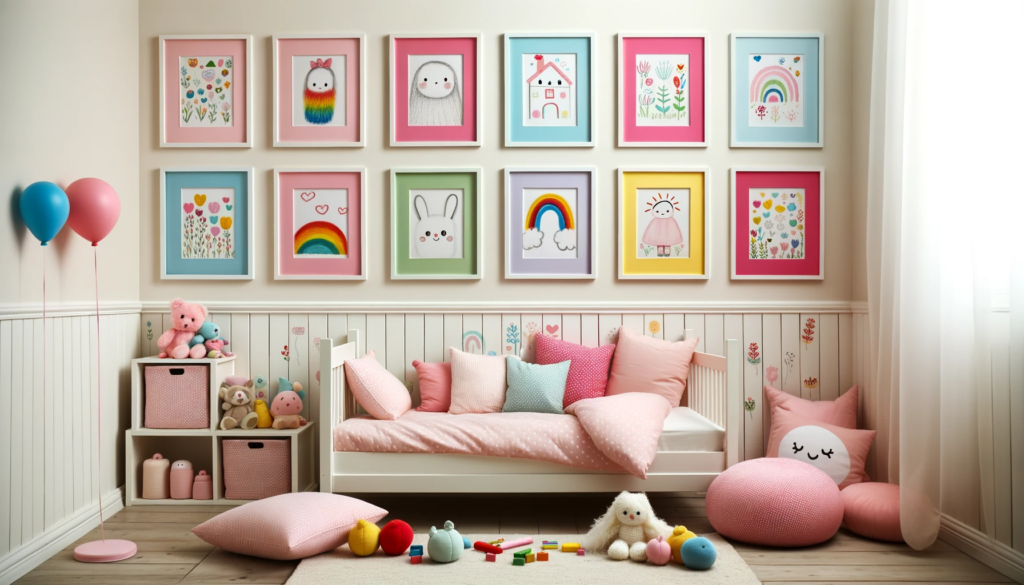 Photo of a cheerful toddler girl's bedroom with light-colored walls. On one wall, there are 6 frames in different colors.