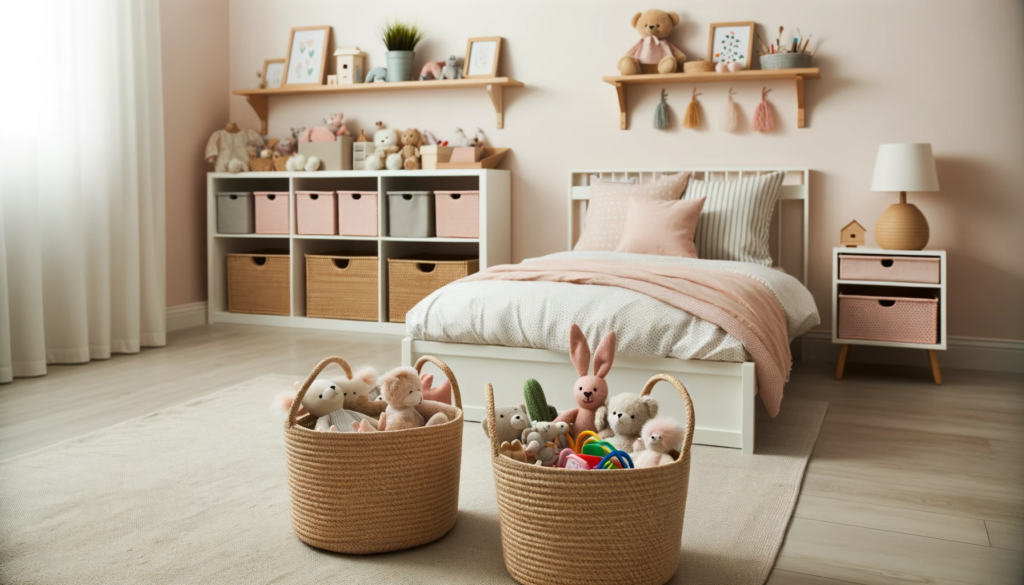 20 Beautiful Toddler Girl Bedroom Ideas on a Budget 13 Photo of a toddler girl's bedroom with a soft color palette. The room features a bed and storage baskets for toys.