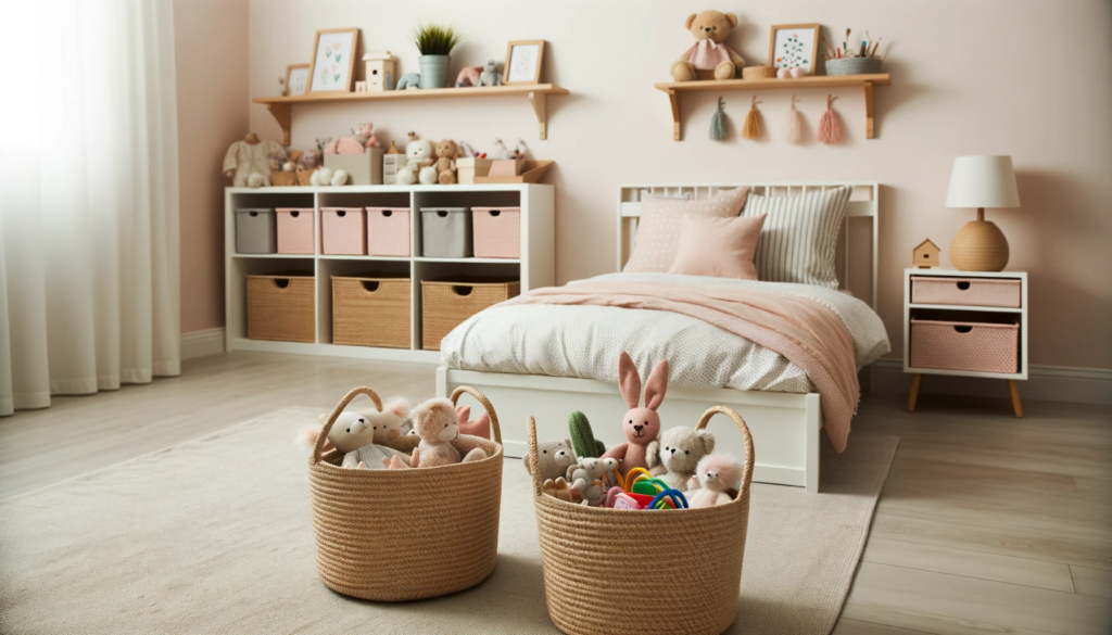 Photo of a toddler girl's bedroom with a soft color palette. The room features a bed and storage baskets for toys.