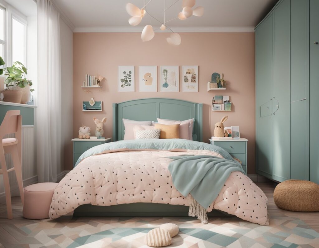 little girl bedroom with green bed